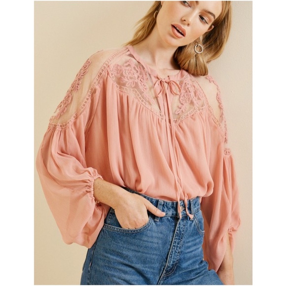Boho Floral Embroidered Semi Sheer Neck Tie Peasant Blouse - Picture 1 of 3